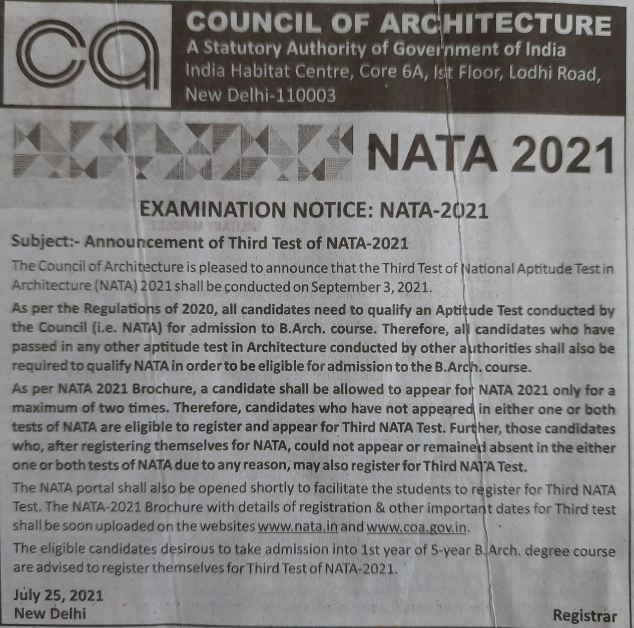 3rd test of NATA on 3rd September 2021